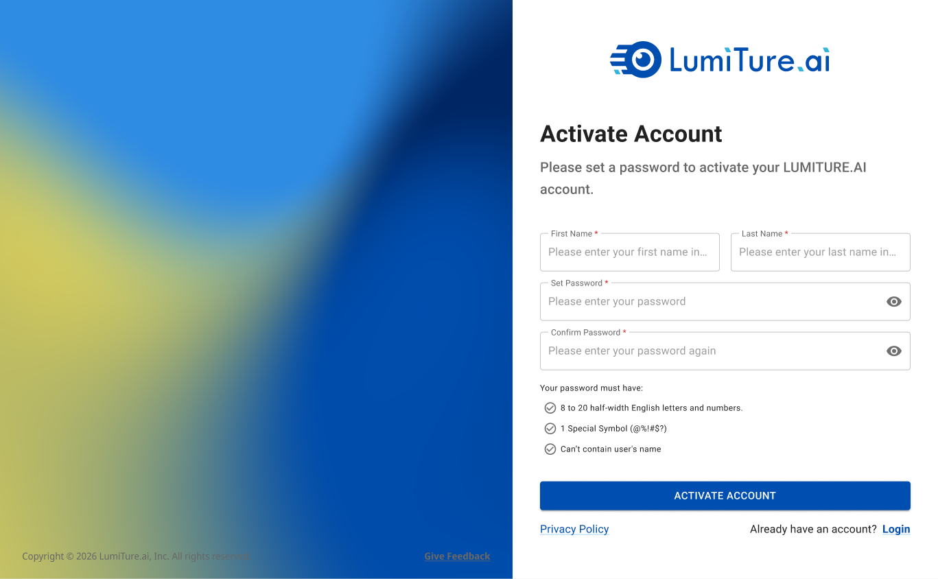 The Activate Account screen