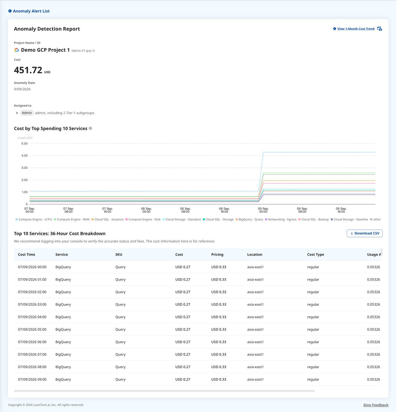 The Anomaly Detection Report: cost by service around the anomaly, plus an hour-by-hour breakdown.