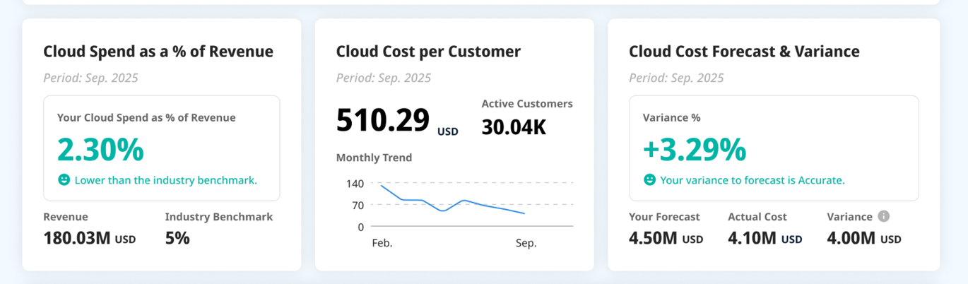 Key Metrics — Cloud Spend as % of Revenue, Cloud Cost per Customer, and Forecast & Variance.