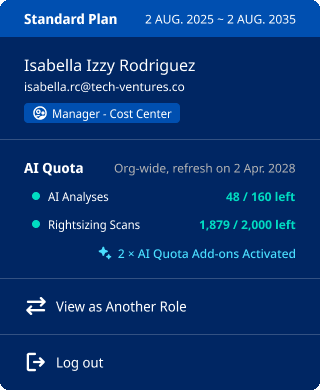 The user menu — plan and duration, your identity and role, AI Quota, view-as-role, and log out.